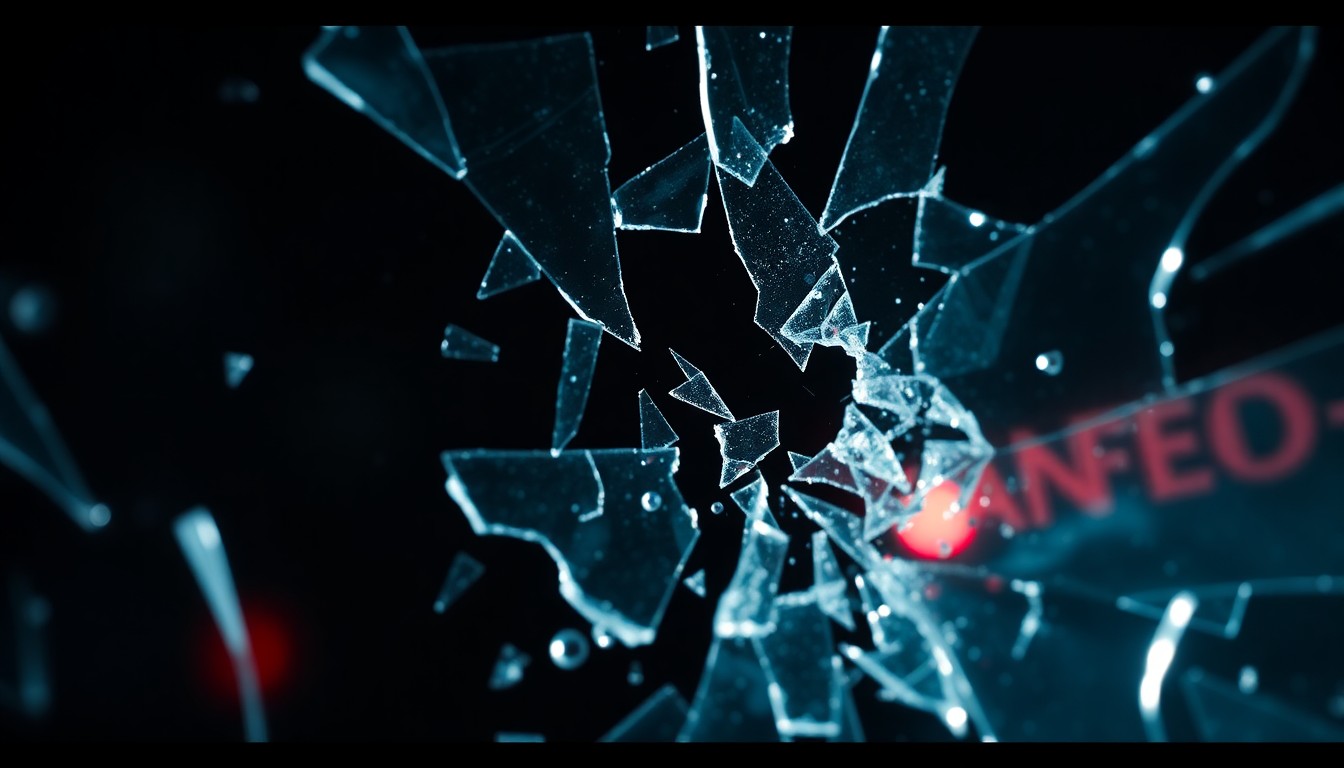 An abstract close-up photograph of shattered glass reflecting a faint red light, conveying the somber and high-stakes nature of the civil case against Alec Baldwin.