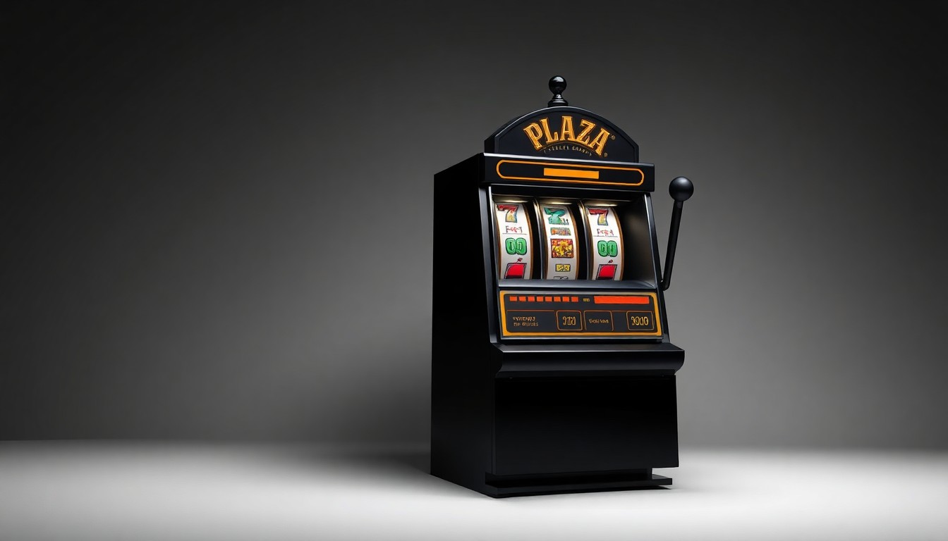 A photorealistic studio still life of a sleek, modern slot machine with a dark, matte finish and gold accents, resting on a clean, monochromatic background, conceptually representing the premium gaming experience of the Plaza Hotel & Casino's new high limit gaming room.