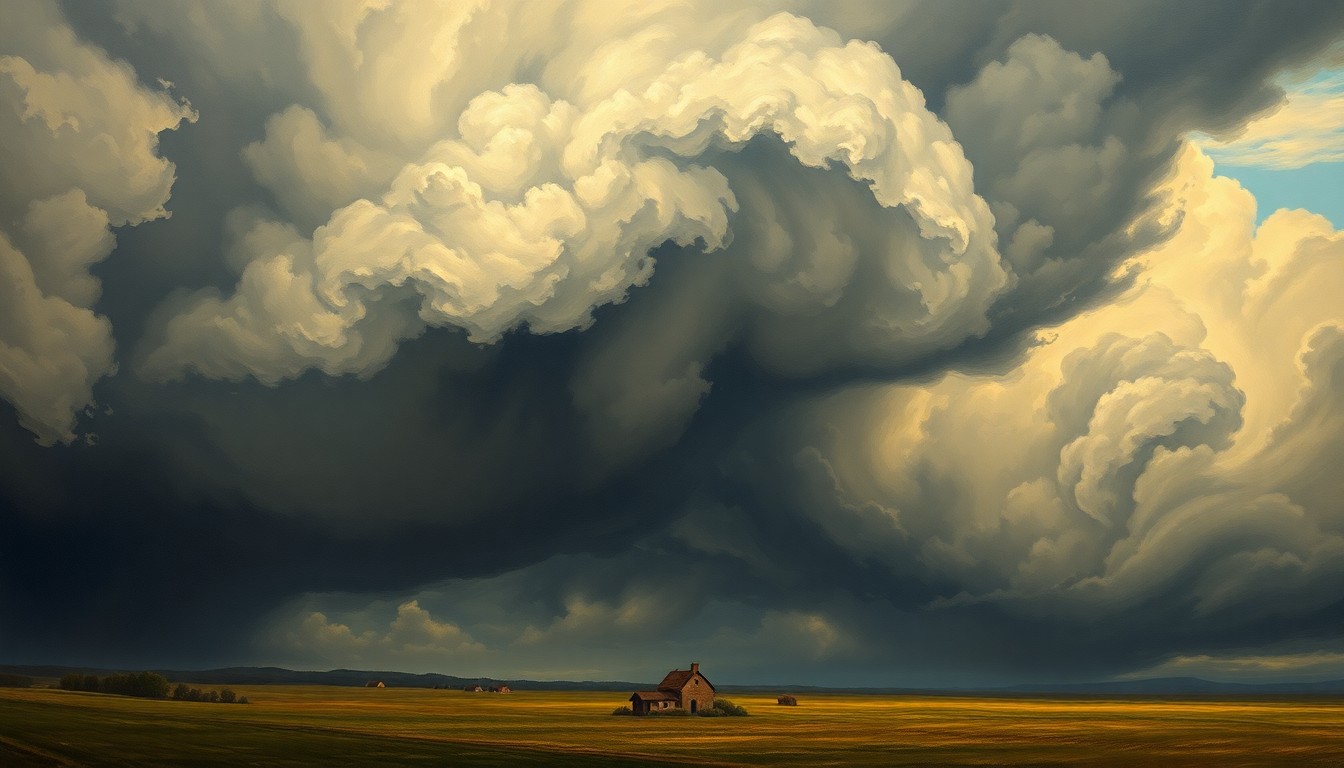 A sweeping, atmospheric landscape painting in muted tones of gray, blue, and green, with a small farmhouse dwarfed by the vast, turbulent sky above, conveying the sense of the overwhelming power of an impending weather event.