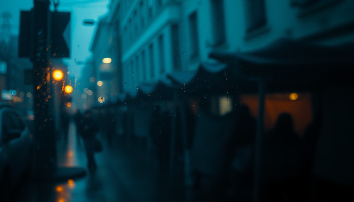 An abstract, out-of-focus urban scene with faint silhouettes of people under makeshift shelters, conveying a melancholic mood about the challenges of homelessness.