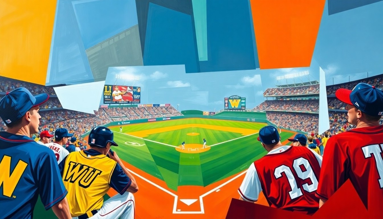 A cubist, geometric painting depicting a fractured, multi-perspective view of a baseball game, with the vibrant colors of the opposing teams' uniforms clashing and intersecting in an abstract, conceptual representation of the game's action.