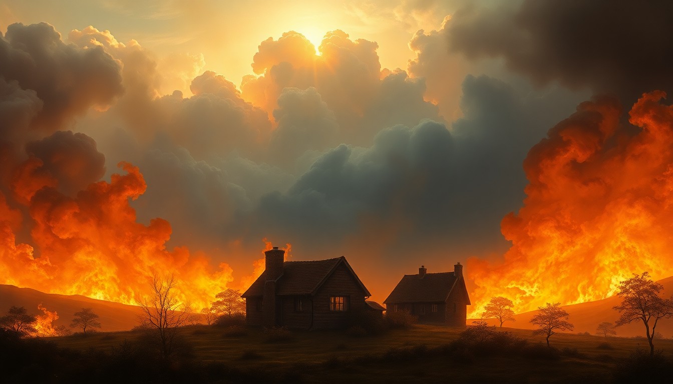 A sweeping, atmospheric landscape painting depicting a small pub and cottage engulfed in flames, with the overwhelming scale of the natural world dwarfing the physical structures.