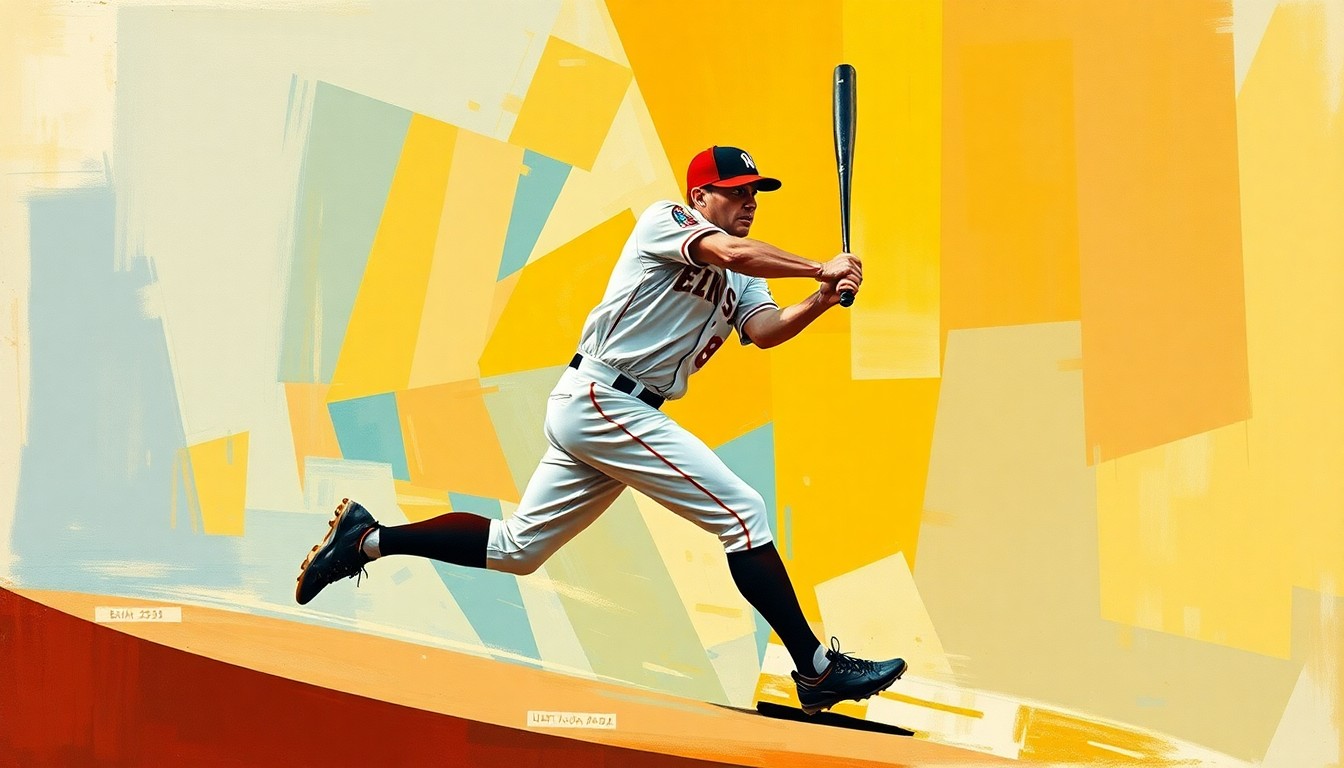 A cubist-style painting depicting a baseball player in motion, broken down into sharp, overlapping geometric shapes and planes, conveying the uncertainty and fragmentation surrounding an injury.