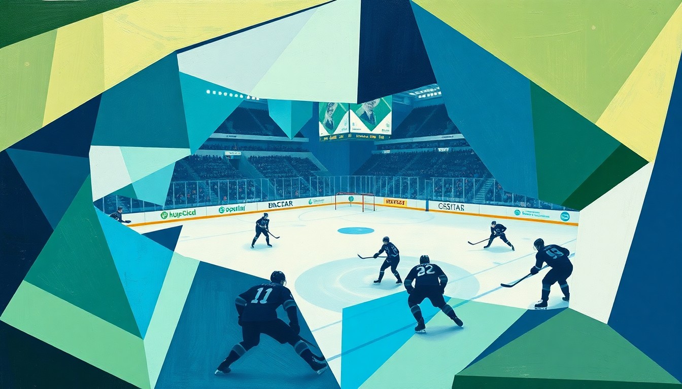 A cubist-style painting depicting a hockey game, with the players and arena reduced to angular, abstracted shapes in shades of blue, green, and white, creating a dynamic and fragmented visual representation of the action on the ice.