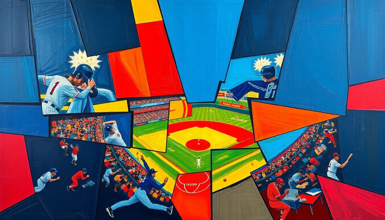 A fractured, multi-perspective painting in bold, overlapping geometric shapes and planes of navy, crimson, and gold, conceptually representing the raw emotion and energy of a baseball game or match.