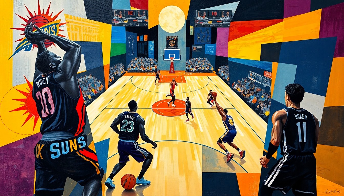 A fractured, geometric painting depicting a basketball game between the Phoenix Suns and Golden State Warriors, with the players' forms broken down into abstract shapes and planes of color, capturing the intensity and movement of the game.