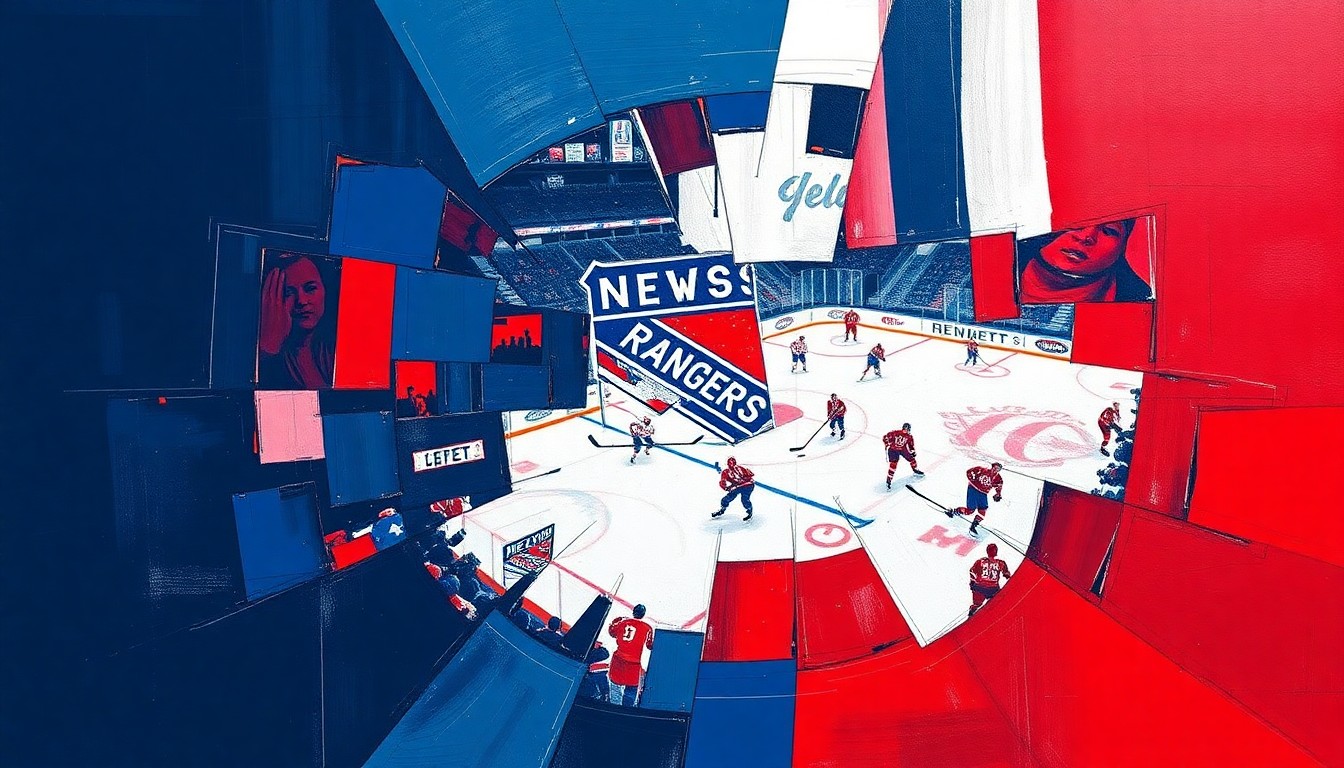 A cubist, geometric painting depicting a fragmented hockey game, with sharp planes of navy blue, red, and white representing the New York Rangers' colors, conveying the team's need to improve its overall depth and balance.