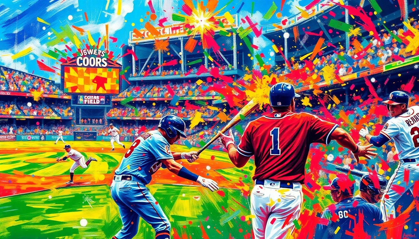An abstract, expressionist painting in vibrant neon colors depicting the raw energy and movement of a baseball game, with players' forms dissolving into unrecognizable brushstrokes.