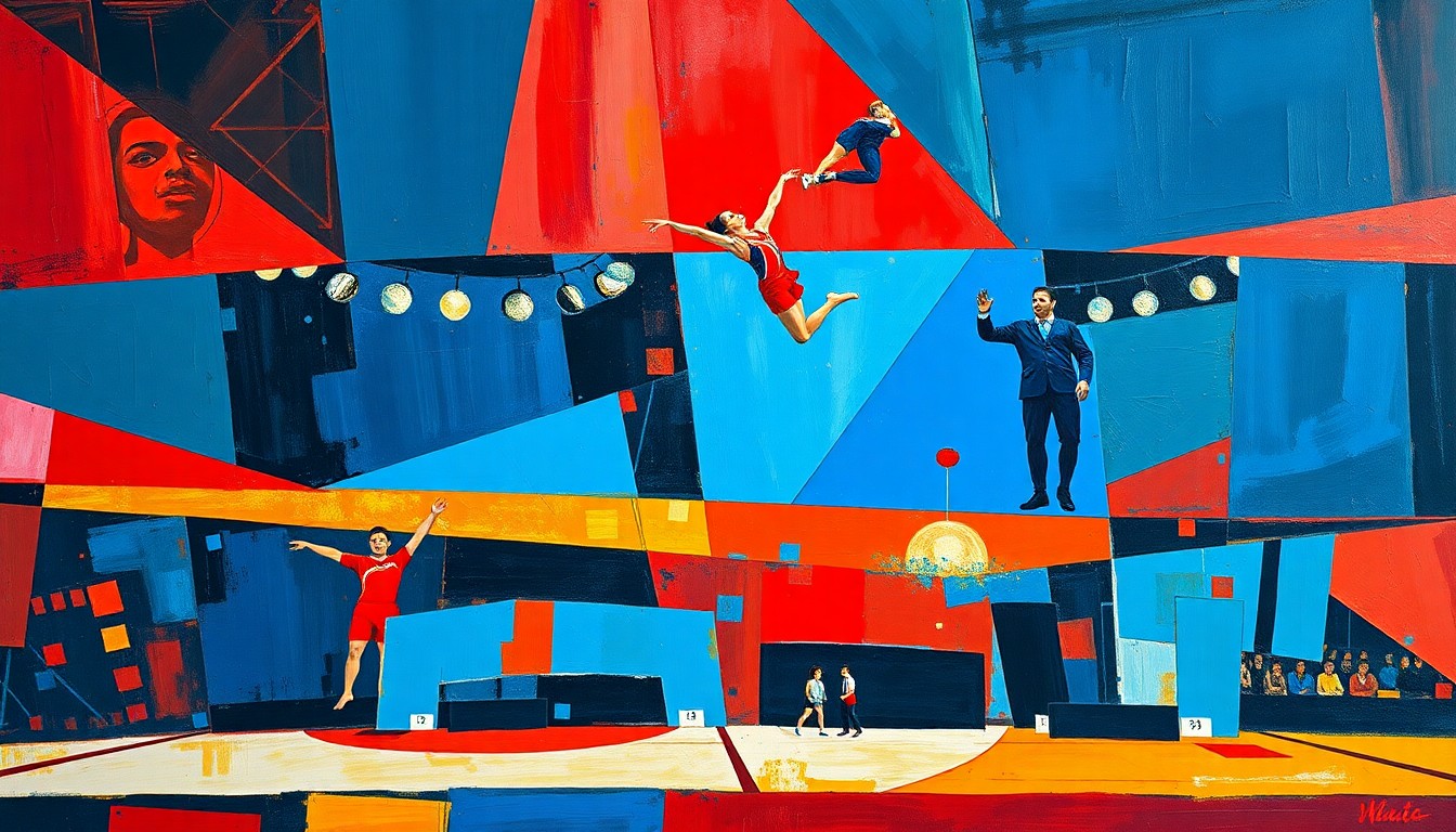 A cubist, geometric painting depicting various overlapping shapes and planes in navy, crimson, and gold, representing the dynamic action and unpredictable outcomes of the NCAA gymnastics semifinals competition.