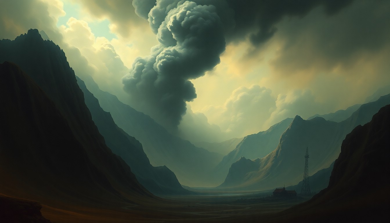 A vast, atmospheric landscape painting depicting a towering plume of dark smoke billowing up from a small, indistinct structure in the distance, dwarfed by the overwhelming scale of the natural environment, conveying a sense of melancholic awe at the power of nature and the fragility of human endeavors.