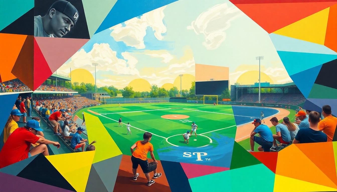 A fragmented, geometric painting in vibrant colors depicting a high school softball game, with players and the field broken down into sharp, overlapping shapes and planes.