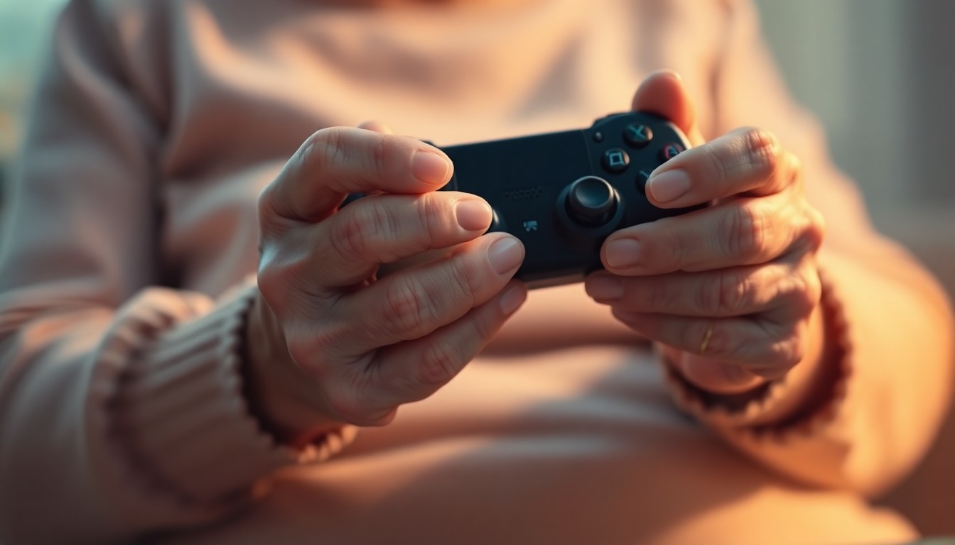 An extremely abstracted, out-of-focus photograph of an elderly person's hands holding a video game controller, surrounded by a warm, hazy glow of light, conceptually representing the peaceful, intimate moment of an older adult engaged in a beloved hobby.