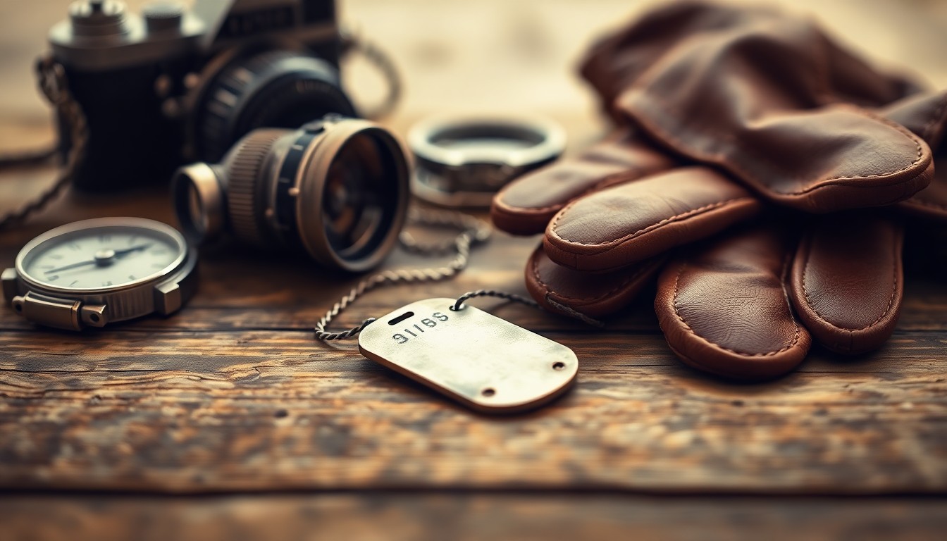 An extremely abstracted, out-of-focus photograph in warm, muted tones depicting a WWII-era dog tag resting on a weathered wooden surface, surrounded by blurred lifestyle objects like a vintage camera, a compass, and a pair of old leather gloves, conceptually representing the rediscovery of a forgotten family treasure.