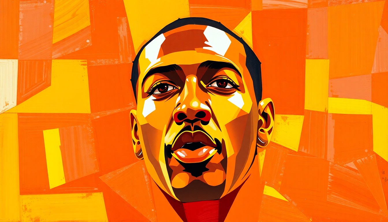 A cubist, geometric painting depicting the explosive energy and multiple perspectives of a basketball game, with vibrant colors and fragmented shapes representing the record-breaking performance.