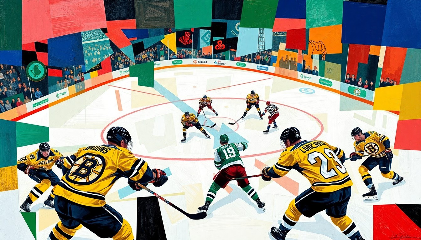 A cubist, geometric painting depicting a hockey game, with fragmented shapes and planes of blue, gold, green, and white representing the players, puck, and action on the ice.
