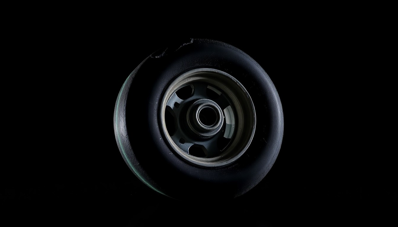 An extreme close-up photograph of a shattered skateboard wheel against a pitch-black background, conceptually representing the aftermath of a hit-and-run collision involving a teenage skateboarder.