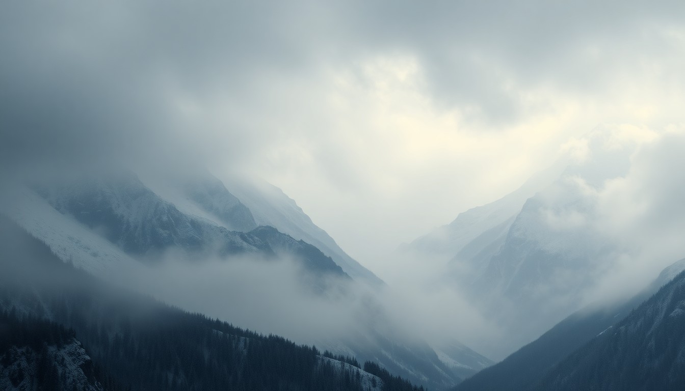 A sweeping, atmospheric landscape painting in muted tones of gray, white, and blue, capturing the overwhelming scale and power of the natural world in Alaska's mountainous regions.