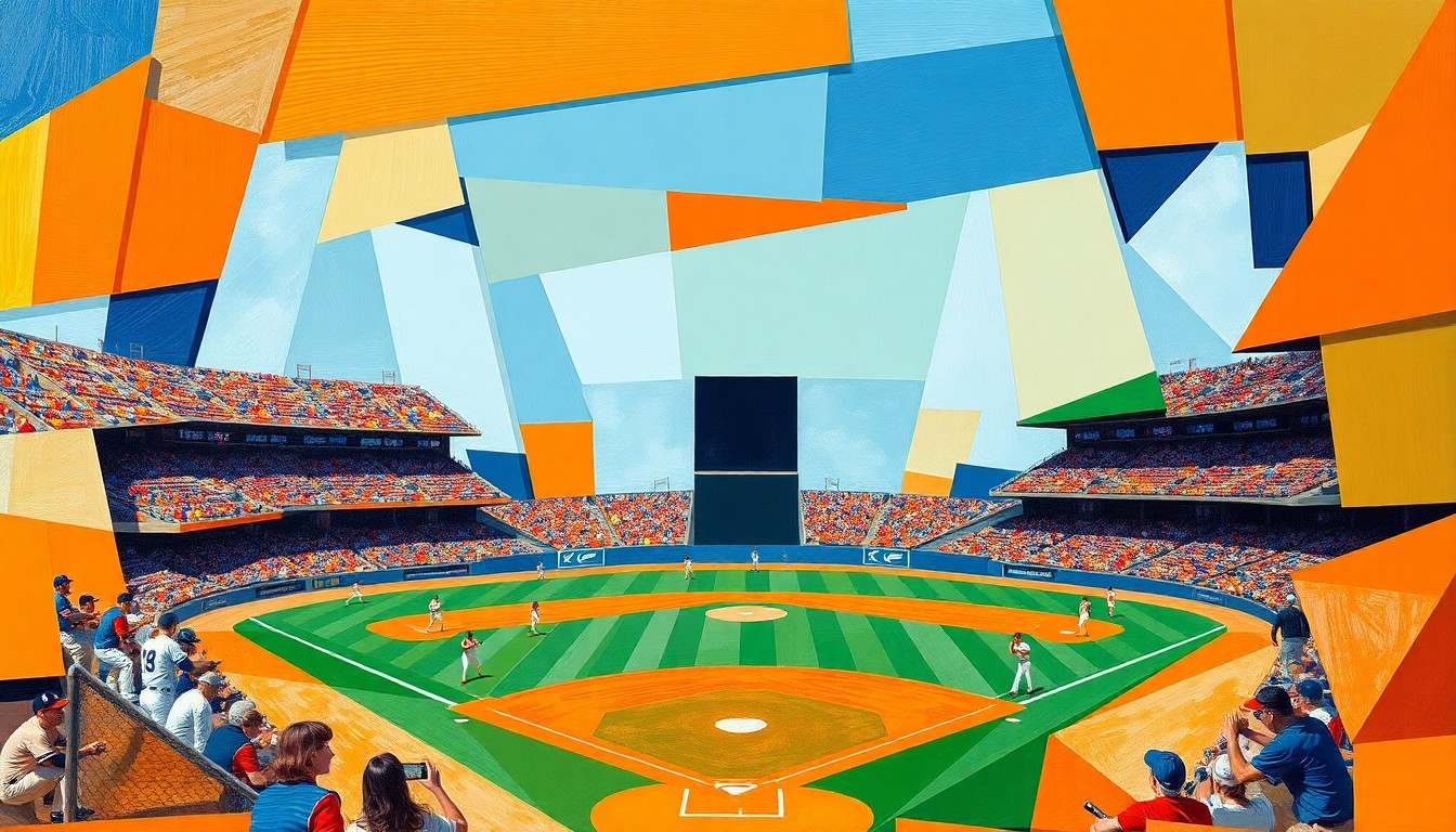 A fragmented, geometric painting in bold colors depicting the dynamic action of a high school baseball game, with players and the field deconstructed into sharp, overlapping shapes.