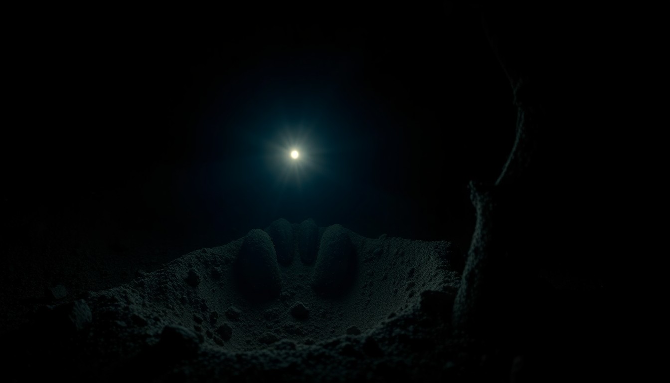 An extreme close-up photograph of a bear's claw or paw print in the dirt, lit by a harsh, direct camera flash against a pitch-black background, creating a stark, gritty, investigative aesthetic.