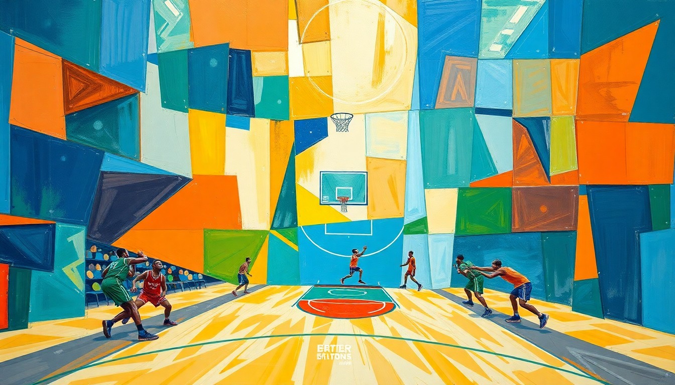 A cubist, geometric painting depicting a basketball game, with overlapping planes of blue, orange, and green shapes representing the action on the court.