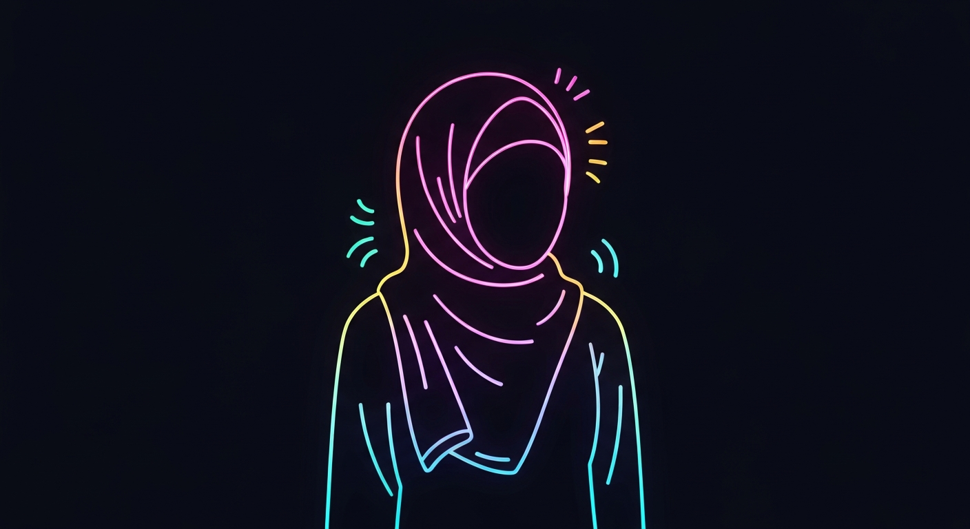 A minimalist, neon-outlined illustration of a person wearing a hijab, conveying the mental health challenges faced by Muslim Americans due to Islamophobia.