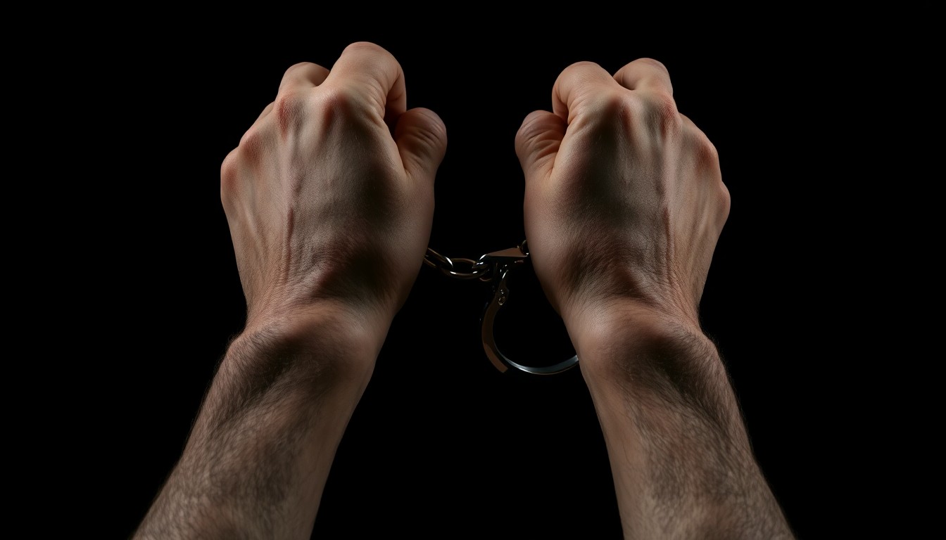 An extreme close-up photograph of a pair of handcuffed wrists against a pitch-black background, the texture of the skin and metal cuffs sharply illuminated by a harsh, direct camera flash, creating a stark, gritty, investigative aesthetic.