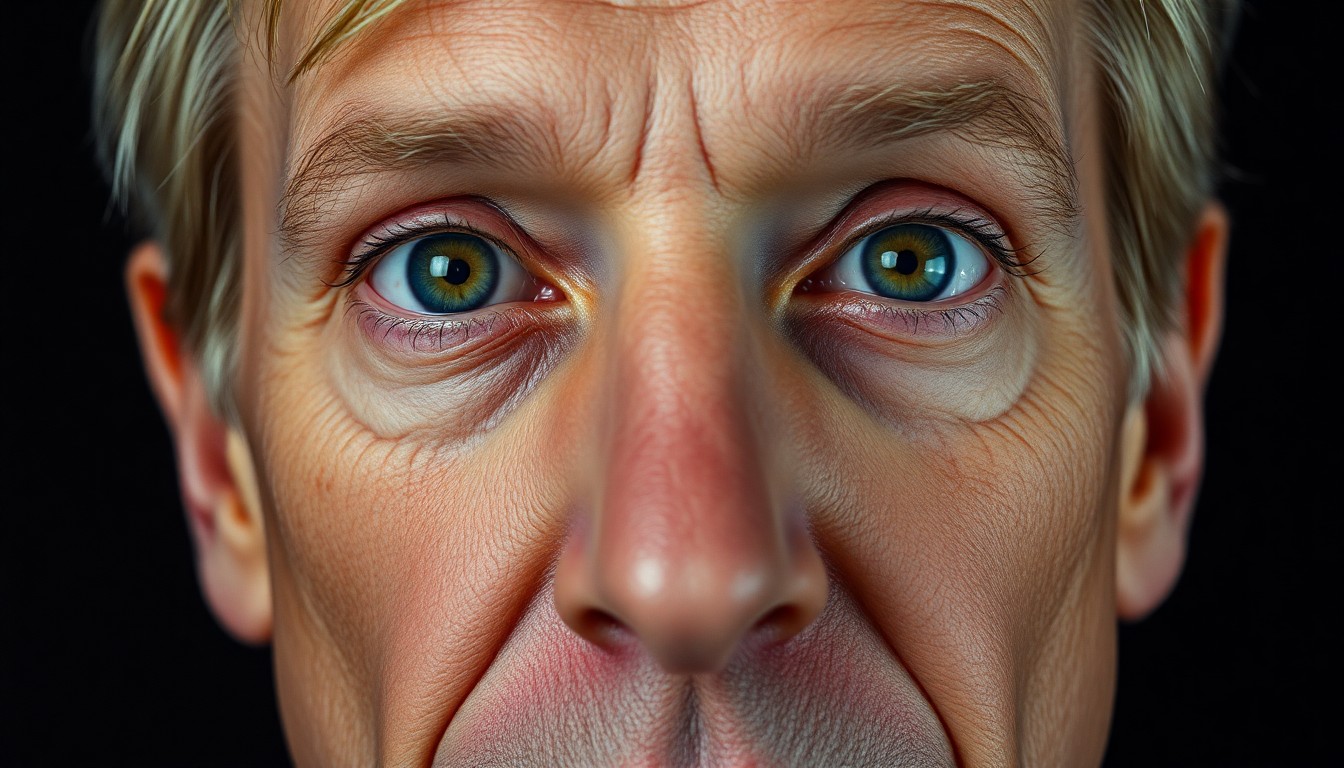 An extreme close-up photograph of a man's face, captured in dramatic high-contrast lighting that emphasizes the texture and details of the skin, conceptually representing the personal journey of a public figure working to improve their health and well-being.