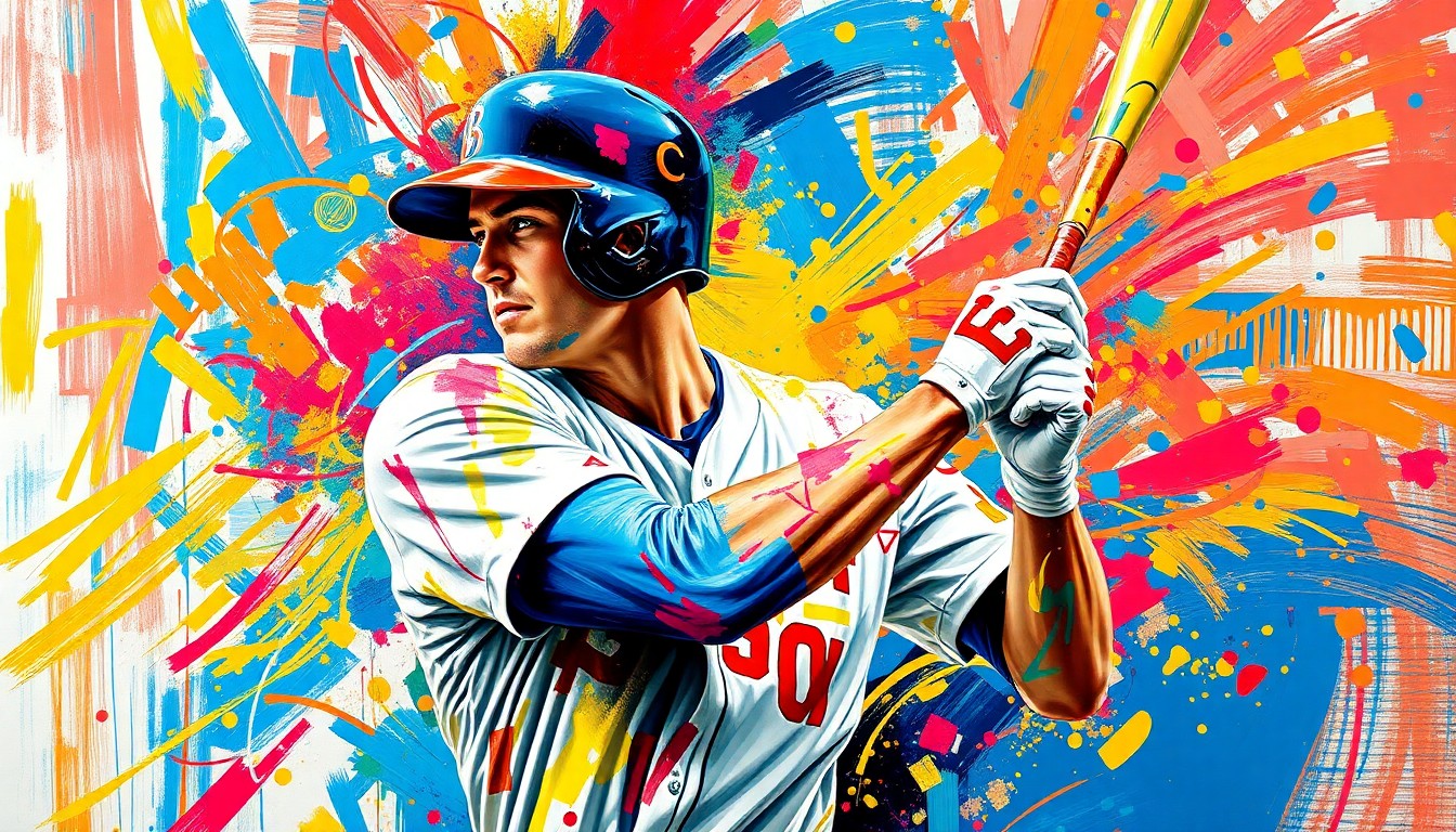 An abstract painting in vivid neon colors, with rapid brushstrokes conveying the raw power and emotion of a baseball player mid-swing, the batter's form dissolving into unrecognizable splatters of paint.