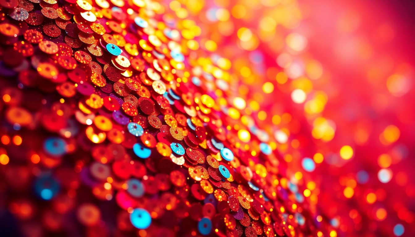 An abstract, high-contrast close-up photograph of shimmering, glittering sequins in a vibrant color palette, evoking the energy and glamour of a music festival performance.