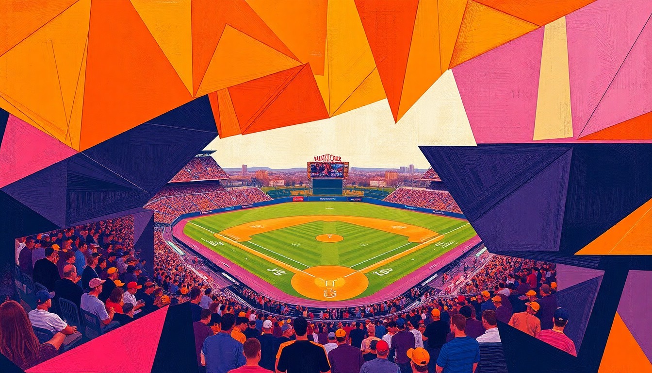 A cubist, geometric painting depicting a college baseball game, with sharp overlapping planes of orange, purple, and navy blue representing the dynamic action on the field.