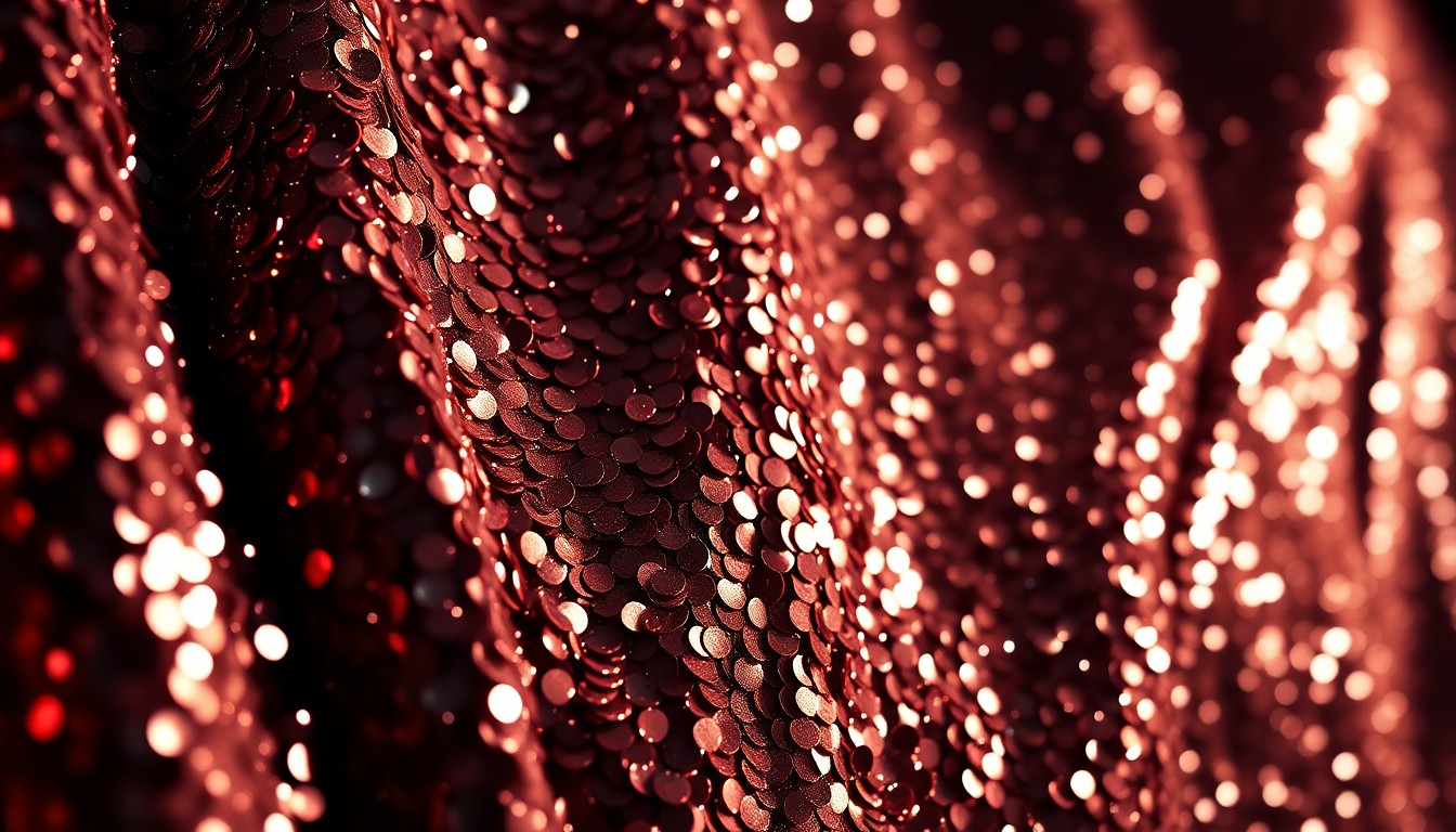An extreme close-up photograph of shimmering, reflective sequins under dramatic studio lighting, capturing the luxurious and glamorous aesthetic of adult entertainment awards shows.