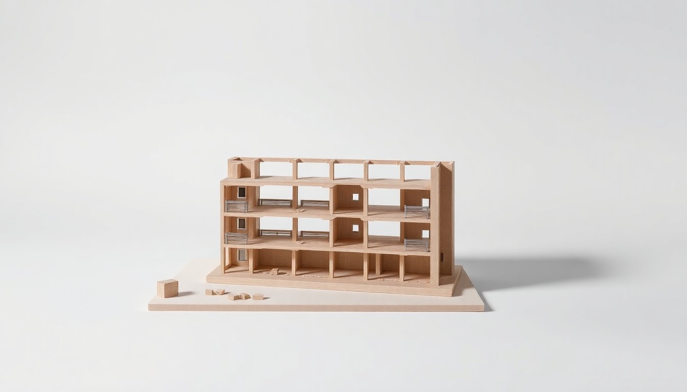A photorealistic studio still-life photograph of a partially constructed model of an apartment building, made from polished raw materials and clean geometric shapes, arranged elegantly on a clean, monochromatic background with dramatic lighting, conceptually representing the abstract corporate and financial issues behind an unfinished housing project.