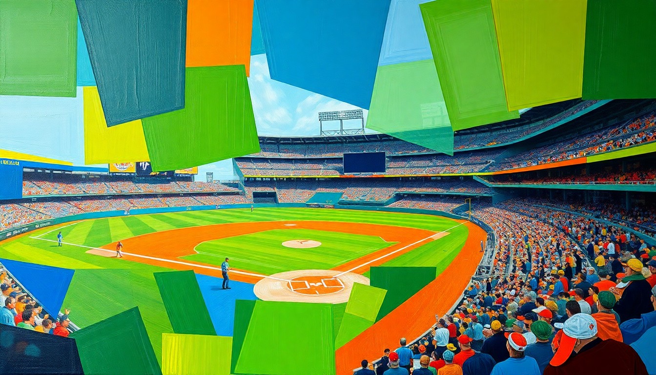 A cubist, geometric painting depicting a baseball game in motion, with players, field, and stadium rendered in overlapping, fragmented shapes and planes of vibrant colors.