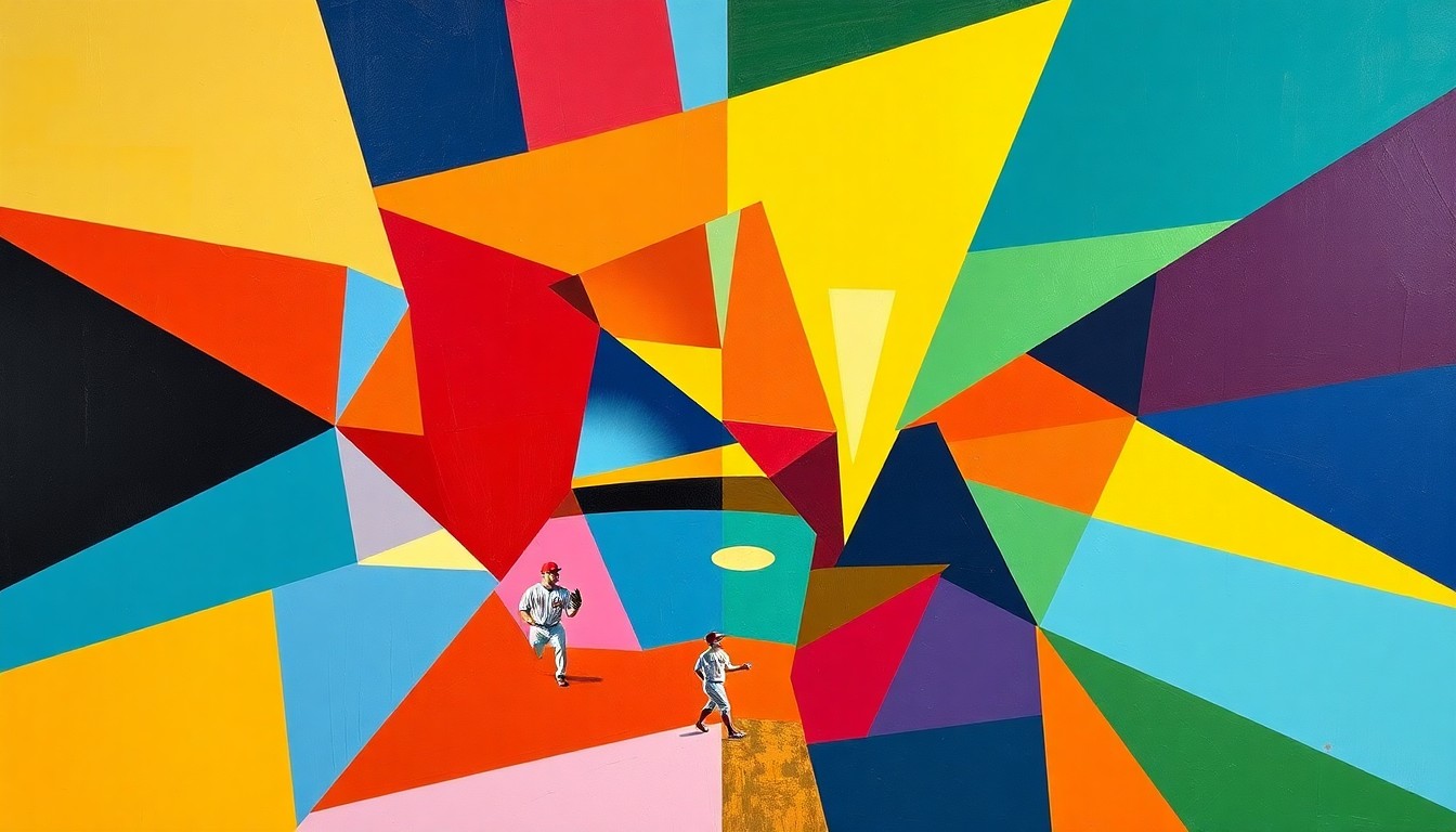A cubist-style painting depicting fragmented, geometric shapes in the team colors of the Chattanooga Lookouts and Montgomery Biscuits, conceptually representing the key plays and momentum shifts of their extra-inning game.