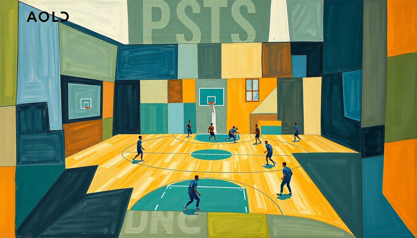 A cubist-style painting depicting a fragmented basketball court and players, with sharp geometric shapes and planes in muted colors, conceptually representing the Pelicans' coaching changes.
