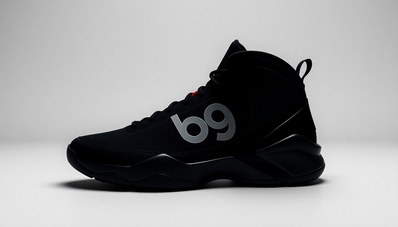 A high-end, photorealistic studio still-life photograph of a sleek, black basketball shoe with the 'b9' logo prominently displayed, resting on a clean, monochromatic seamless background and dramatically lit to represent the abstract concepts of branding and intellectual property.