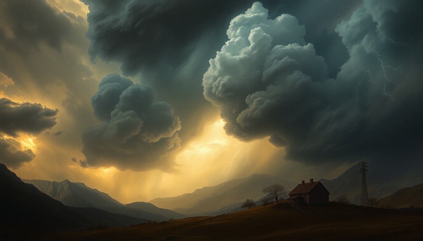 A sweeping, atmospheric landscape painting in muted tones of gray, blue, and yellow, depicting a small, obscured house dwarfed by a massive, swirling thunderstorm with dramatic lightning flashes, conveying the sublime power of nature.