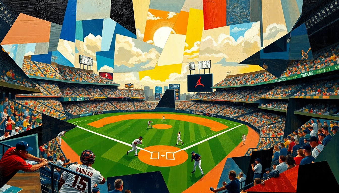 A cubist, geometric painting depicting a baseball game, with players and field elements fragmented into sharp, overlapping planes of color and shape.