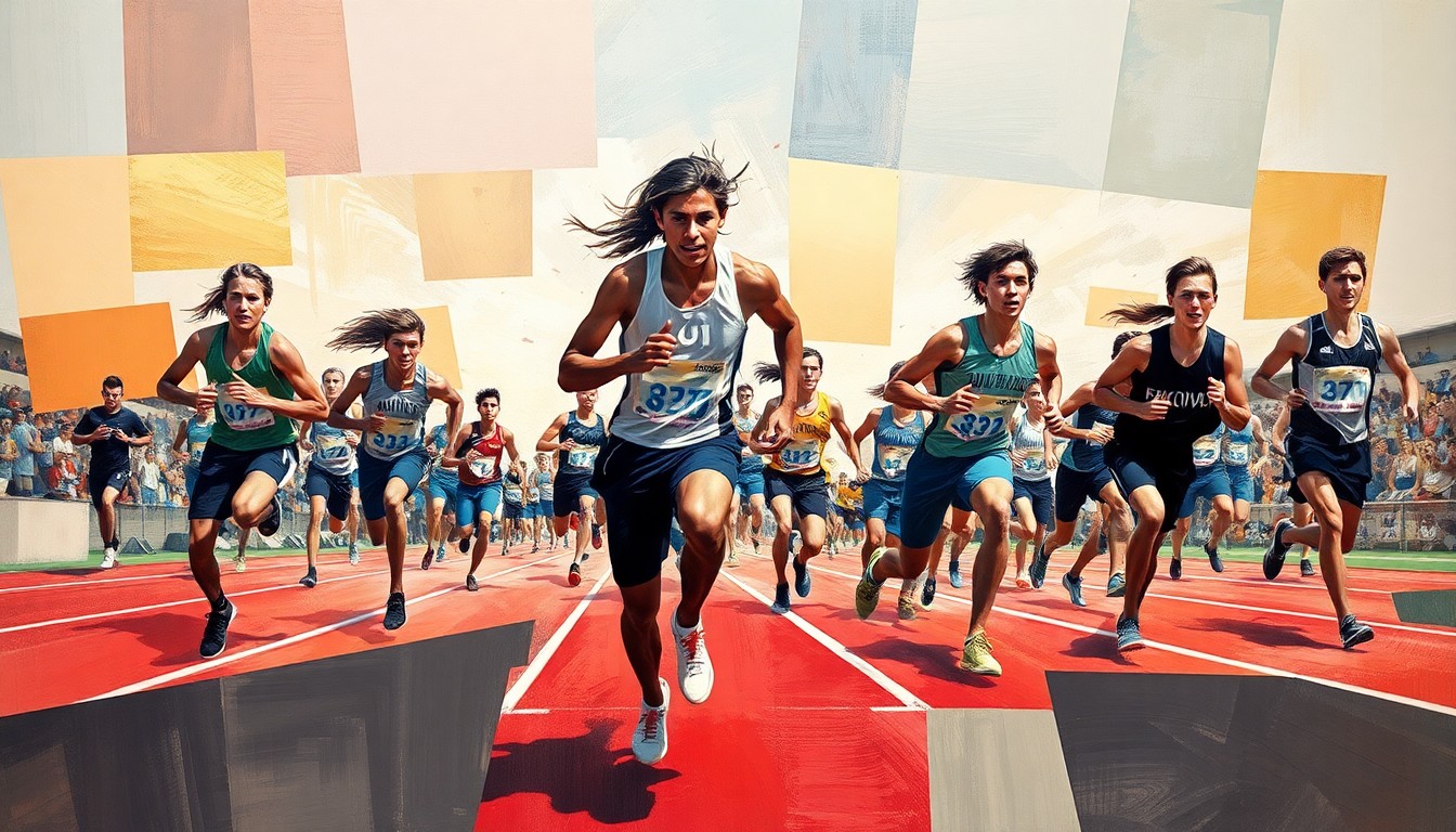 A cubist, geometric painting depicting high school track and field athletes in motion, with sharp, overlapping planes of color and form capturing the raw energy and potential of the young competitors.