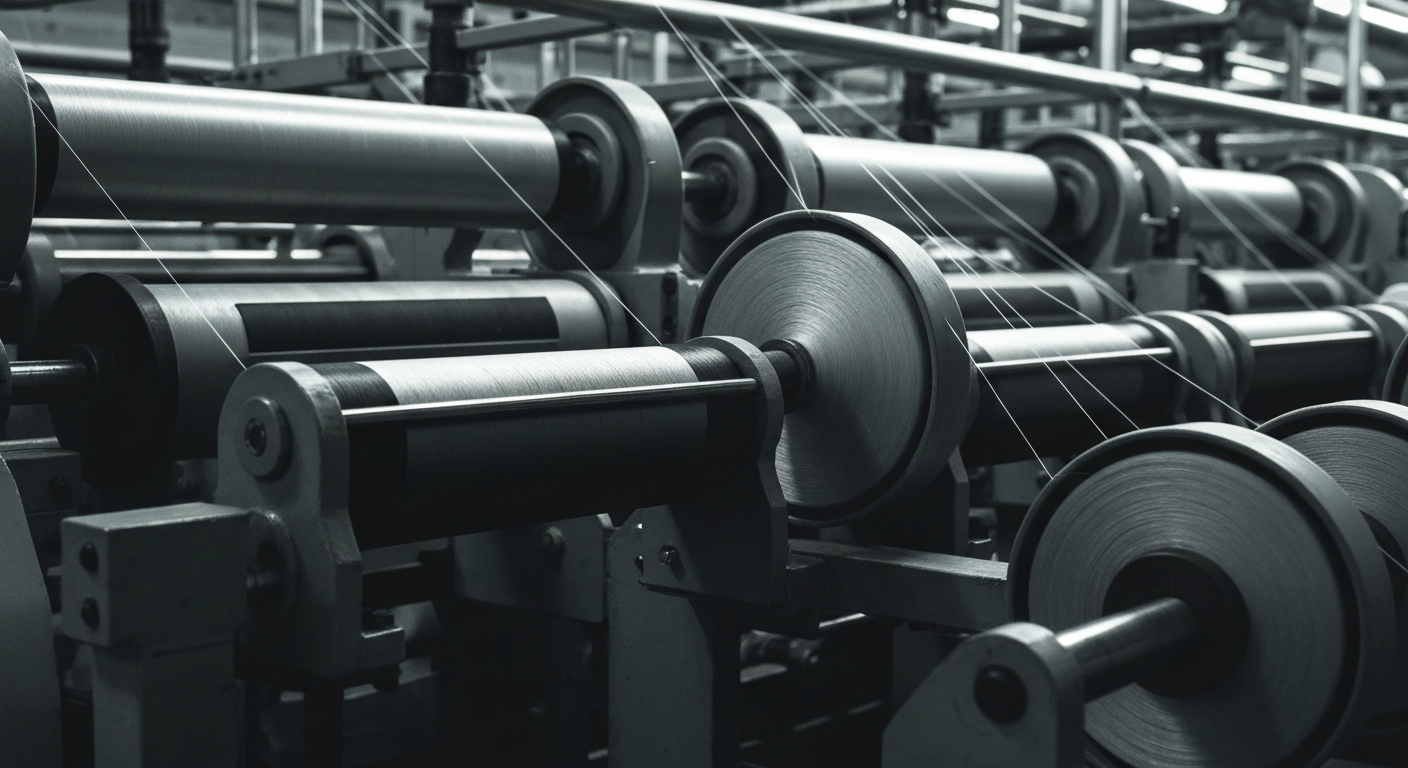 An extreme close-up of industrial textile machinery, including spools, rollers, and other heavy equipment, conveying the tangible, physical nature of Unifi's business operations.