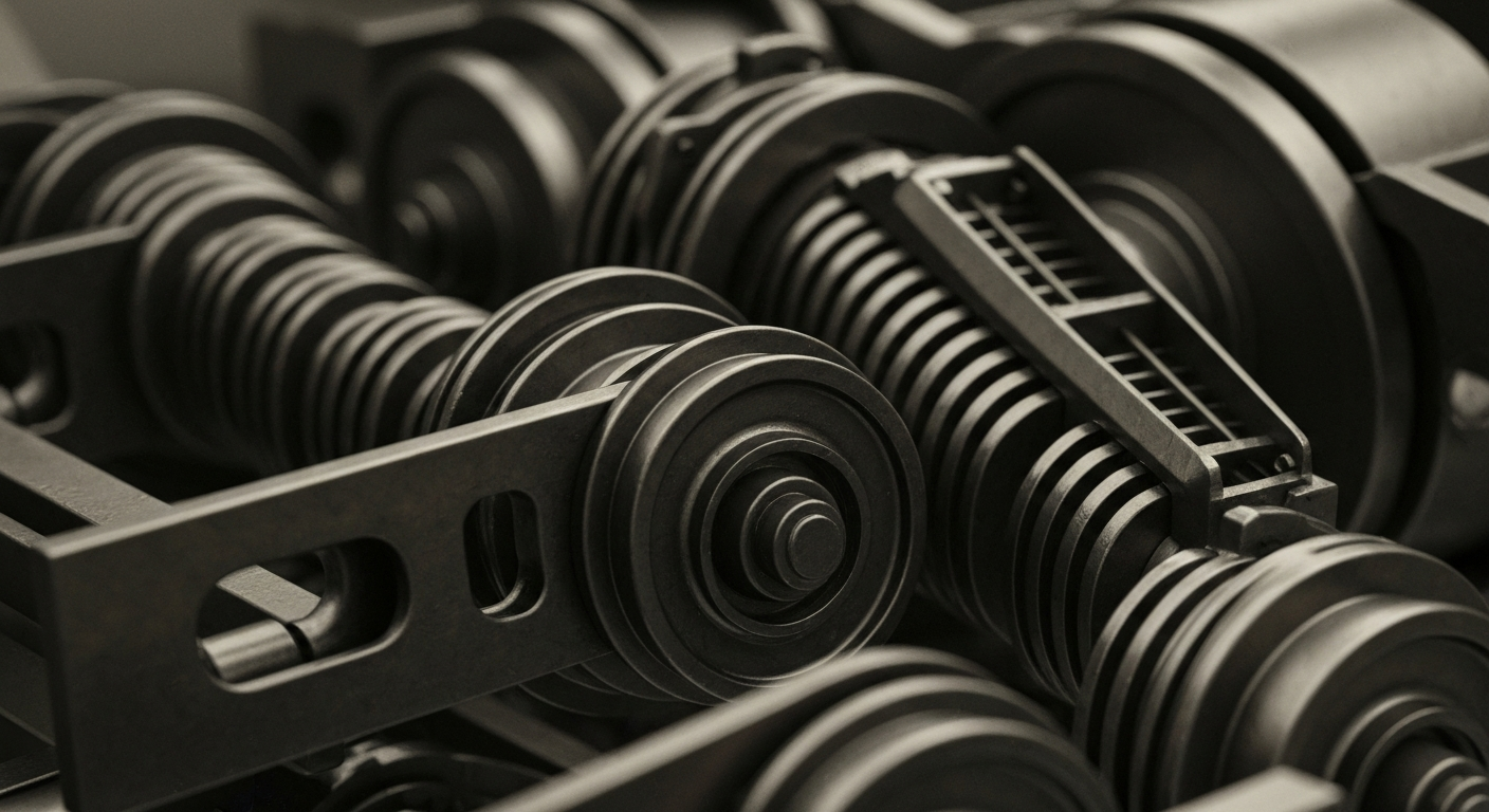 A highly detailed, black and white close-up image of gears, levers, and other heavy industrial components, representing the complex financial infrastructure behind stock market activity.