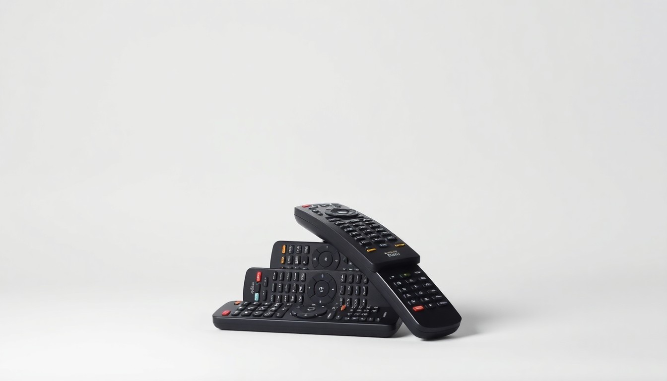 A high-end, photorealistic studio still-life photograph featuring a stack of TV remote controls arranged elegantly on a clean, monochromatic background, conceptually representing the corporate forces behind media mergers and acquisitions.