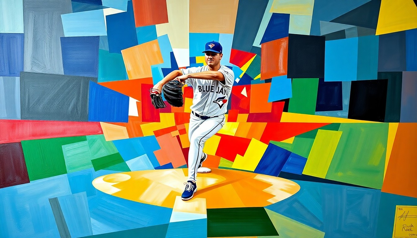 A cubist, geometric painting depicting a baseball pitcher on the mound, with sharp, overlapping planes of color representing the disruption of his normal routine.