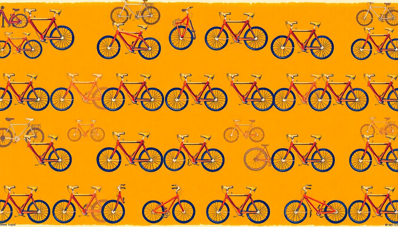 A vibrant, abstract silkscreen illustration featuring a bicycle icon repeated in a grid pattern, representing the multi-use North Omaha Trail and the active transportation it will enable.