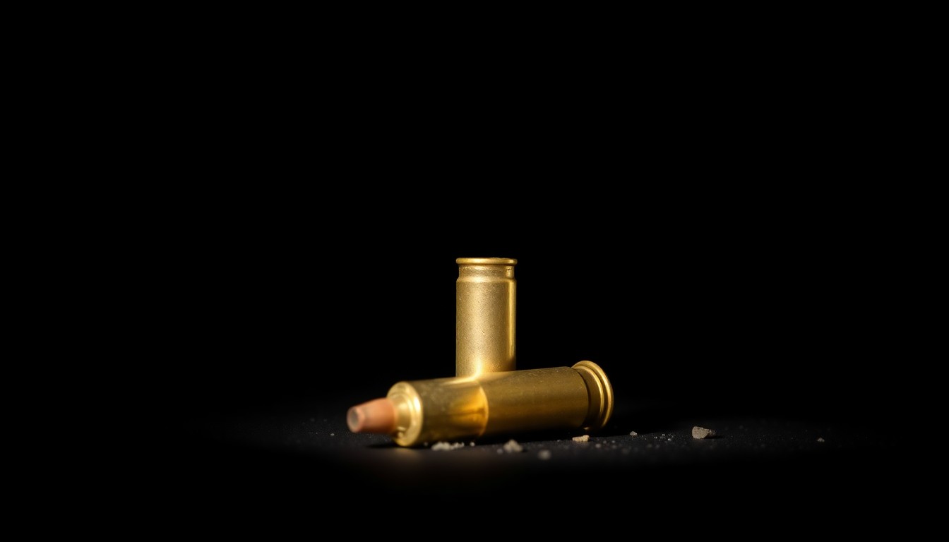 An extreme close-up photograph of a spent bullet casing on the ground, lit by a harsh, direct camera flash against a pitch-black background, conceptually representing the gritty aftermath of gun violence in Durham.
