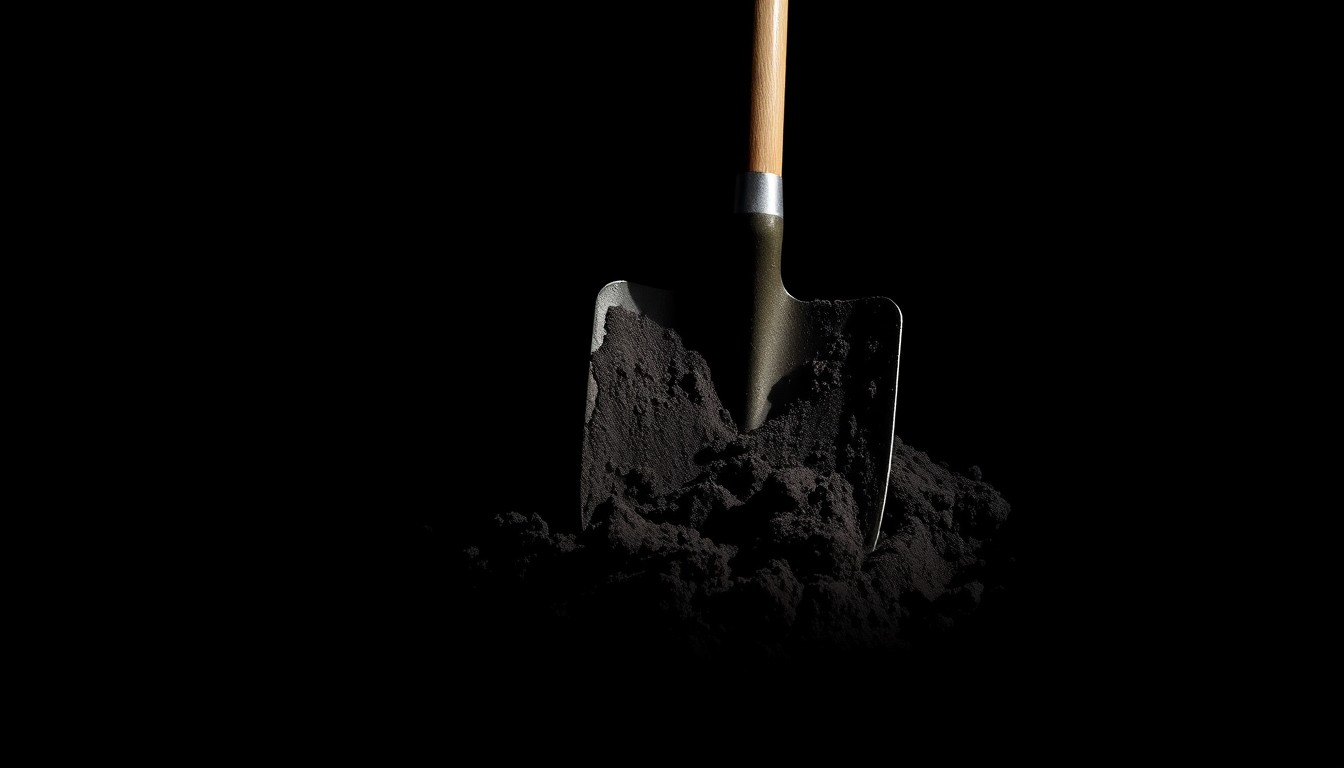 An extreme close-up photograph of a shovel head covered in dirt, casting a harsh shadow against a pitch-black background, conceptually representing the couple's attempt to conceal a body.