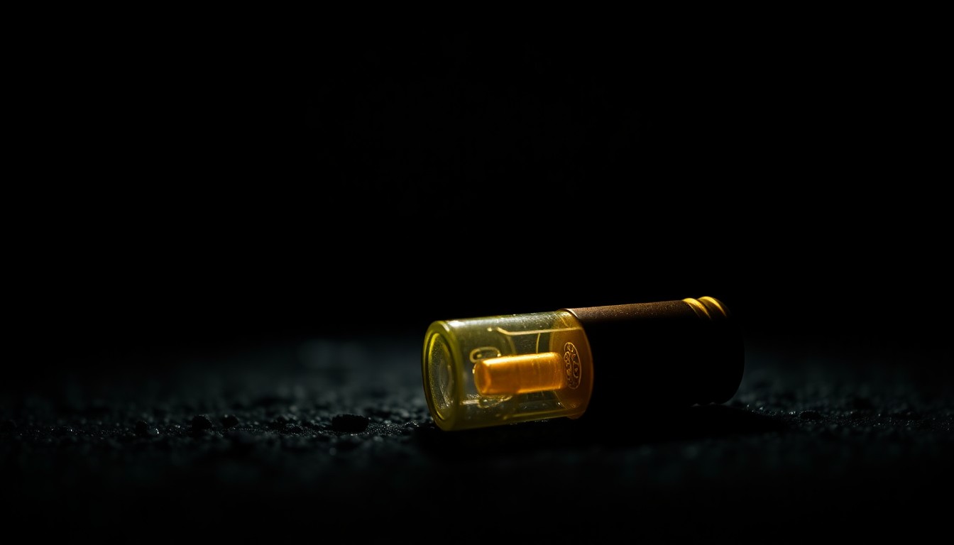 An extreme close-up photograph of a spent bullet casing on the ground, the harsh flash lighting creating a stark, gritty aesthetic that conveys the serious, investigative nature of the crime scene.