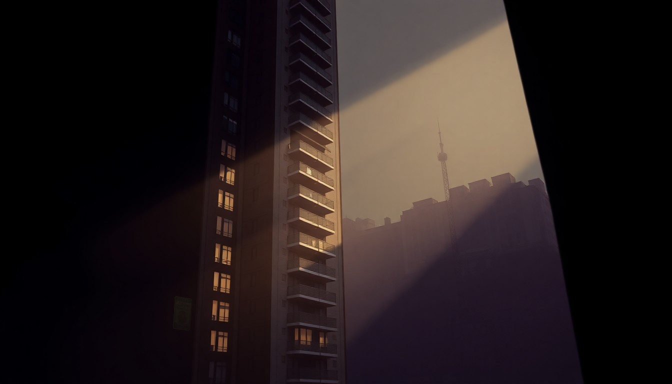 A serene, photorealistic painting of a tall, elegant apartment building in New York City, with warm light streaming through the windows and deep shadows cast across the facade, capturing a sense of quiet contemplation about the city's housing landscape.