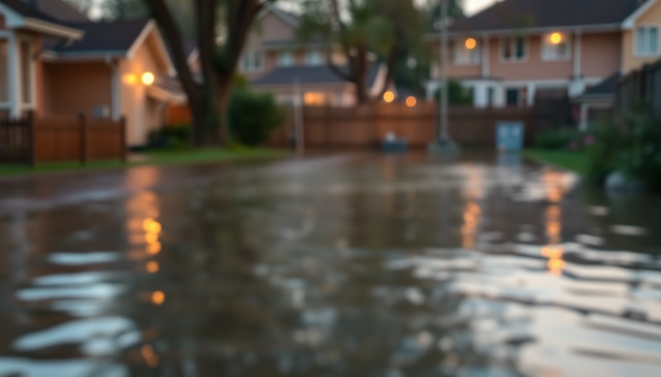 An abstract, out-of-focus photograph showing a flooded backyard with blurred, warm-toned colors, conceptually representing the disruption and frustration felt by local residents due to the industrial site's impact on the surrounding area.