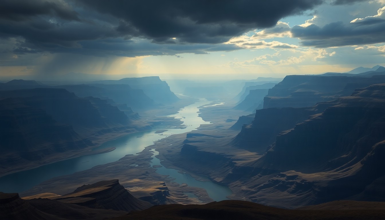 A sweeping, atmospheric landscape painting depicting the vast, sublime scale of the Colorado River basin, with the river and surrounding geography dwarfing any human presence or infrastructure, conveying the overwhelming impact of the region's extreme drought conditions.